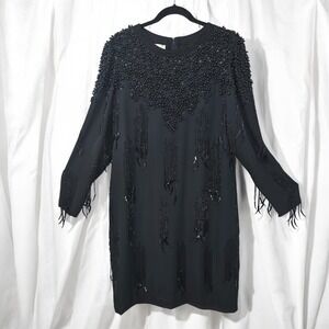 VTG Jack Bryan‎ Beaded Fringe Dress Cocktail Party Black Woman 14 Gatsby Retro